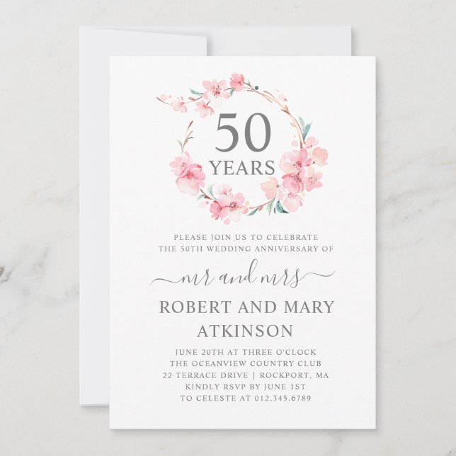 Rosa körsbärsblom 50-års bröllopsjubileum inbjudningar (Framsida)
