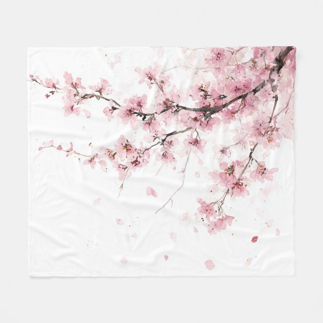 Rosa körsbärsblom Sakura akvarell blommande boho Fleecefilt (Framsidan (Horisontell))