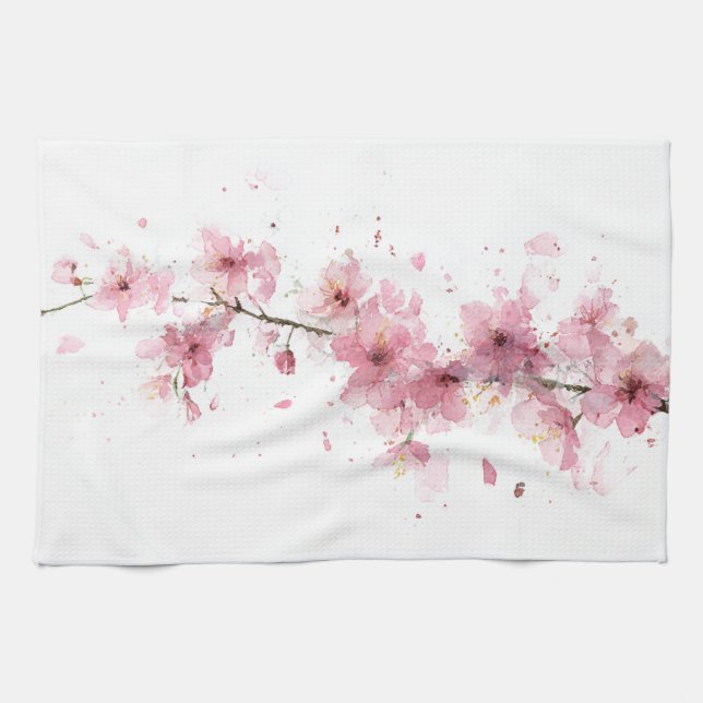 Rosa körsbärsblom Sakura Akvarell Blommig Boho Kökshandduk (Horisontell)