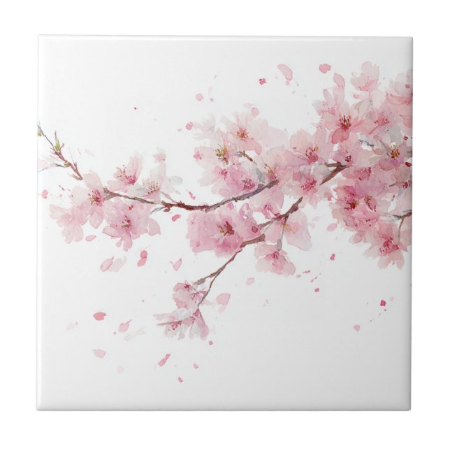 Rosa körsbärsblom Sakura akvarell blommig Kakelplatta (Framsidan)