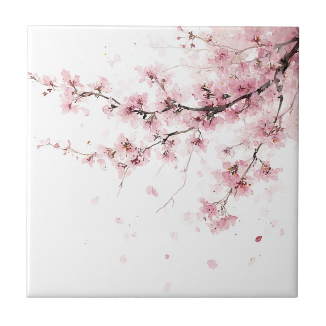 Rosa körsbärsblom Sakura akvarellblomma Kakelplatta (Framsidan)