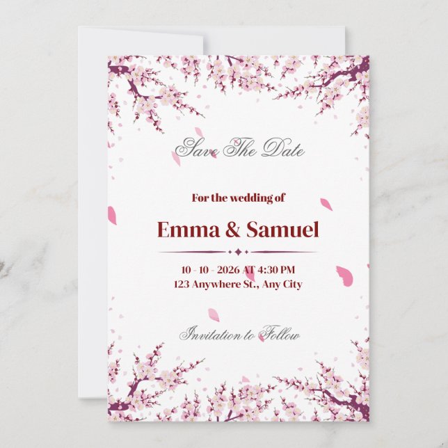 Rosa Körsbärsblom Save The Date-kort Meddelande (Framsida)