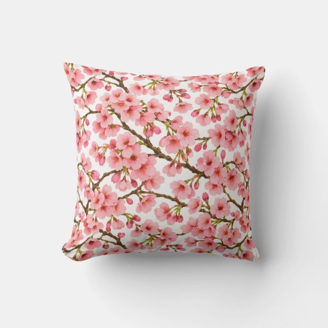 Rosa körsbärsblomgrenmönster kudde (Framsida)