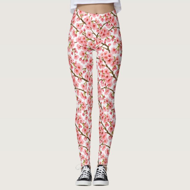 Rosa Körsbärsblomgrenmönster Leggings (Framsida)