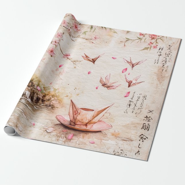 Rosa körsbärsblomlandskape (5) presentpapper (Utrullad)