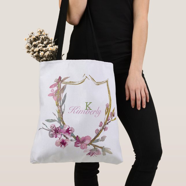 Rosa körsbärsblommande blomsterinitial monogram tygkasse (Närbild)