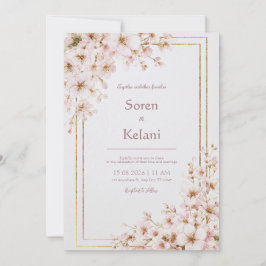 Rosa Körsbärsblommande Guld Ram Bröllop Inbjudningar