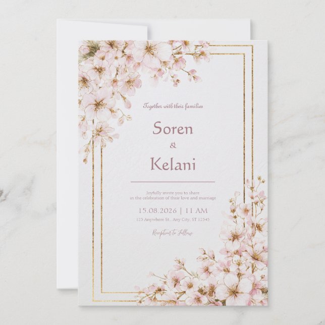 Rosa Körsbärsblommande Guld Ram Bröllop Inbjudningar (Framsida)