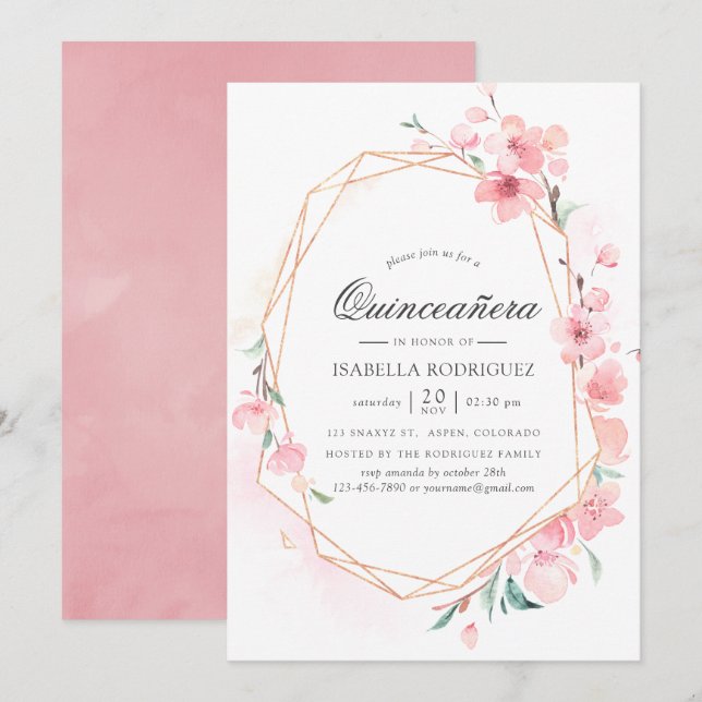 Rosa körsbärsblommas geometriska vår Quinceañera Inbjudningar (Fram/baksida)