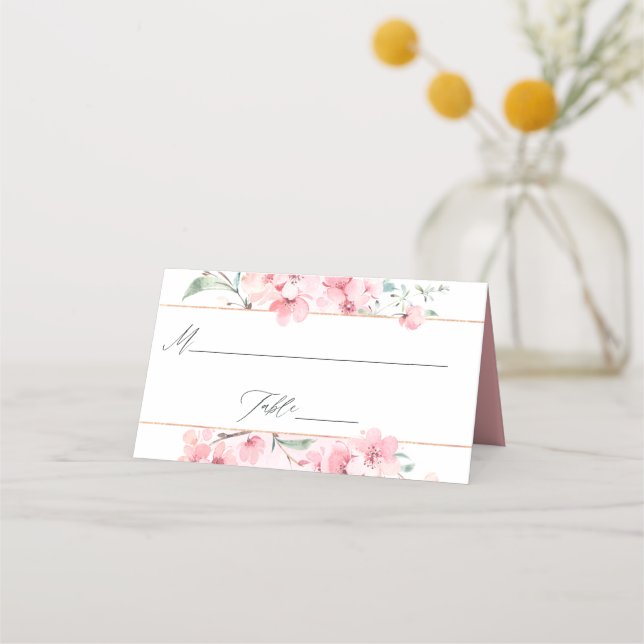 Rosa körsbärsblommas geometriska vårbröllop placeringskort (Framsida)