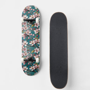 Rosa körsbärsblommor på en stämningsfull teal bakg mini skateboard bräda 18,5 cm