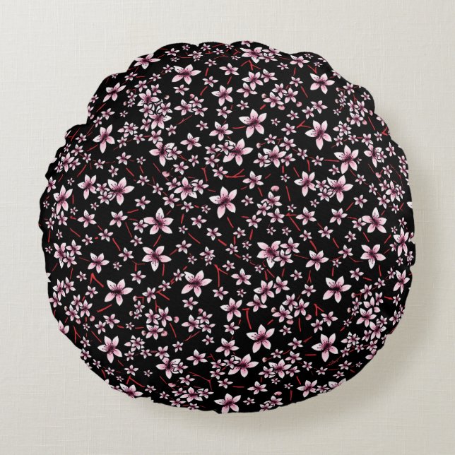 Rosa körsbärsblommor på svart rund kudde (Framsidan)
