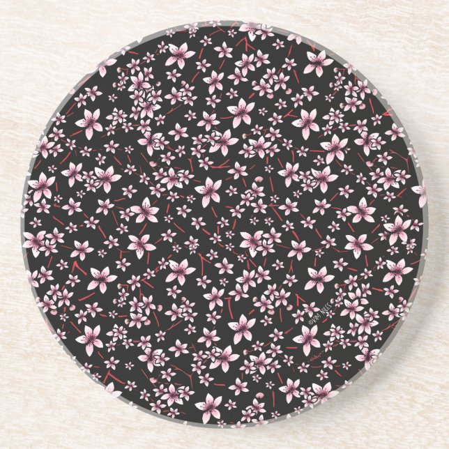 Rosa körsbärsblommor på svart underlägg (Framsidan)