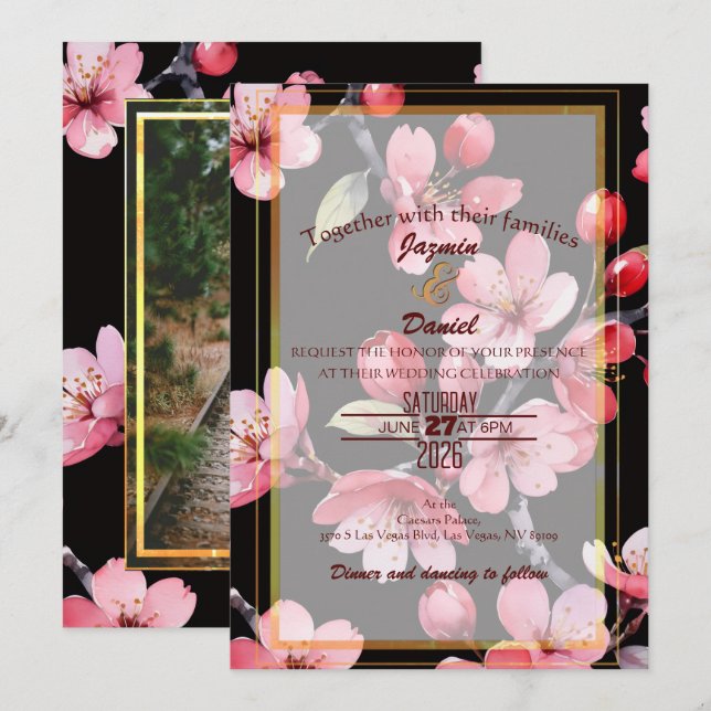 Rosa körsbärsblommor Svart fotobox inbjudan (Fram/baksida)