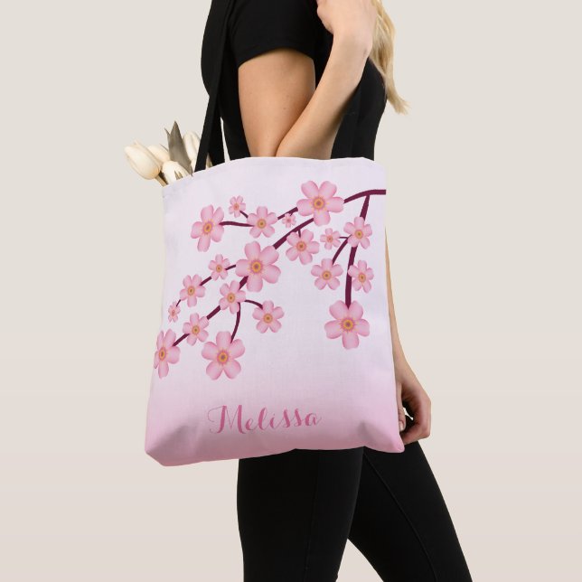 Rosa körsbärsblomning Sakura Blommig Gren Med Namn Tygkasse (Närbild)