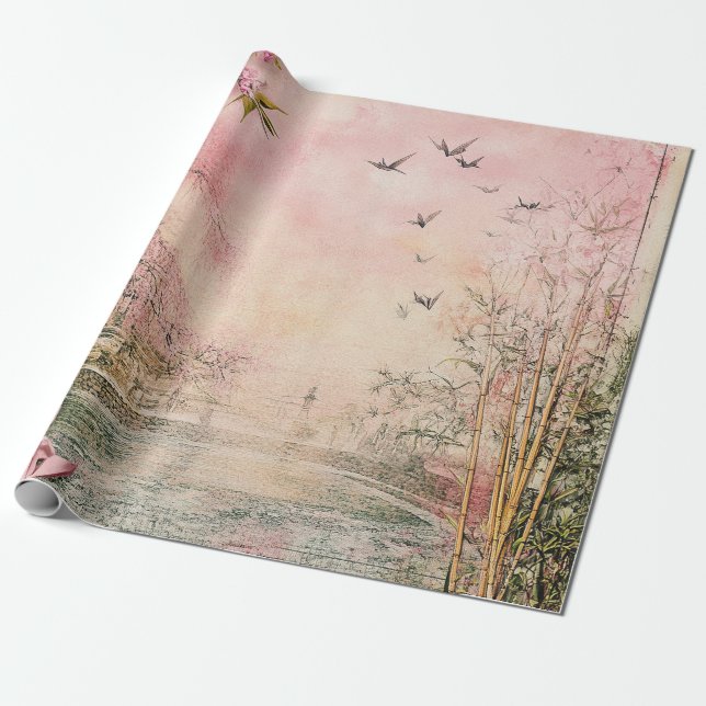 Rosa Körsbärsblomsscen Tranquil Landskapsvy (8) Presentpapper (Utrullad)