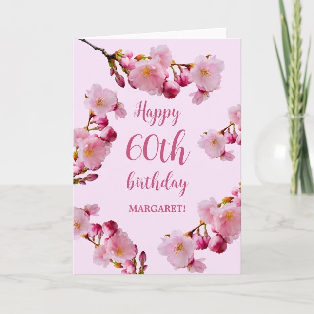Rosa körsbärsblomster lycklig 60-årsdag kort (Framsida)