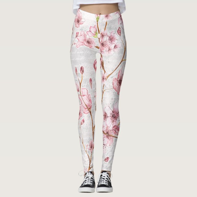 Rosa körsbärsröd blommardamasker leggings (Framsida)