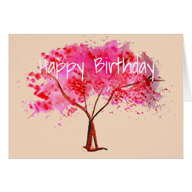 Rosa körsbärsröd blommarträdvattenfärg hälsningskort (Framsidan Horizontal)