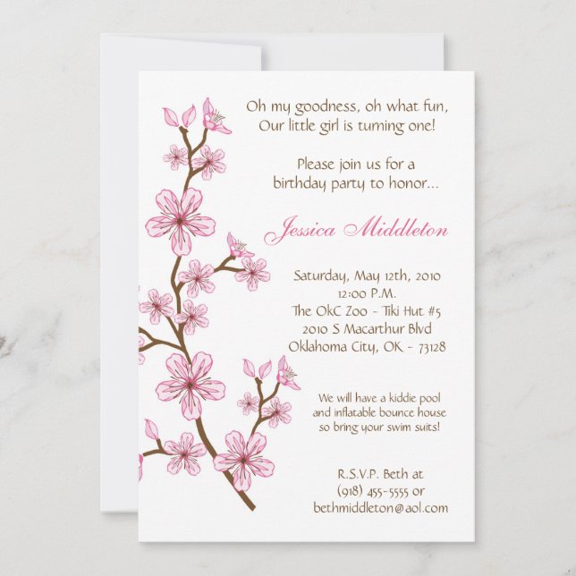 rosa körsbärsröd födelsedagsfest inbjudan för (Framsida)