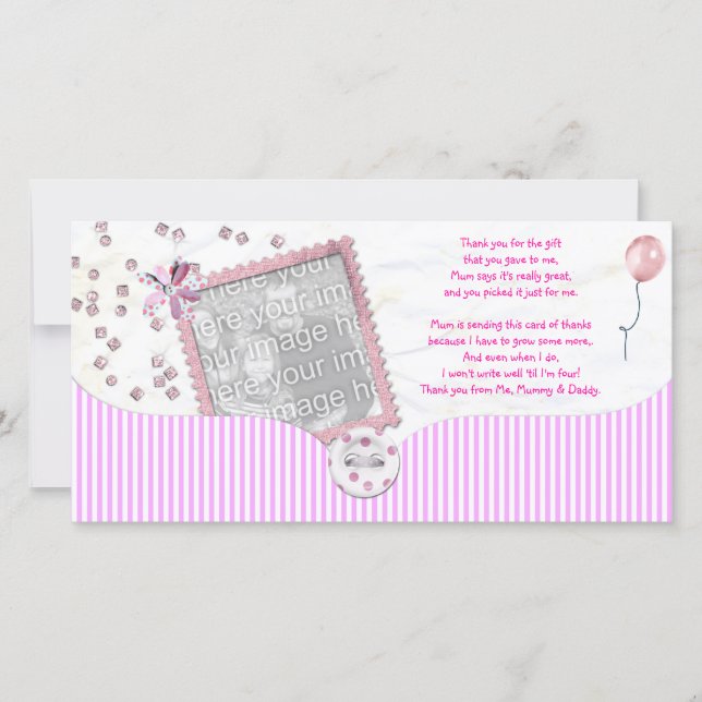 Rosa kort för baby showertackfoto från bebis (Framsida)