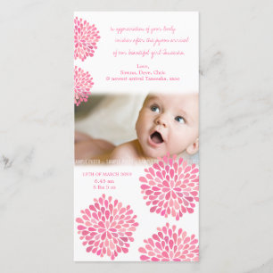 Rosa kort för foto för tack för blommababyfödelse