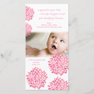 Rosa kort för foto för tack för blommababyfödelse