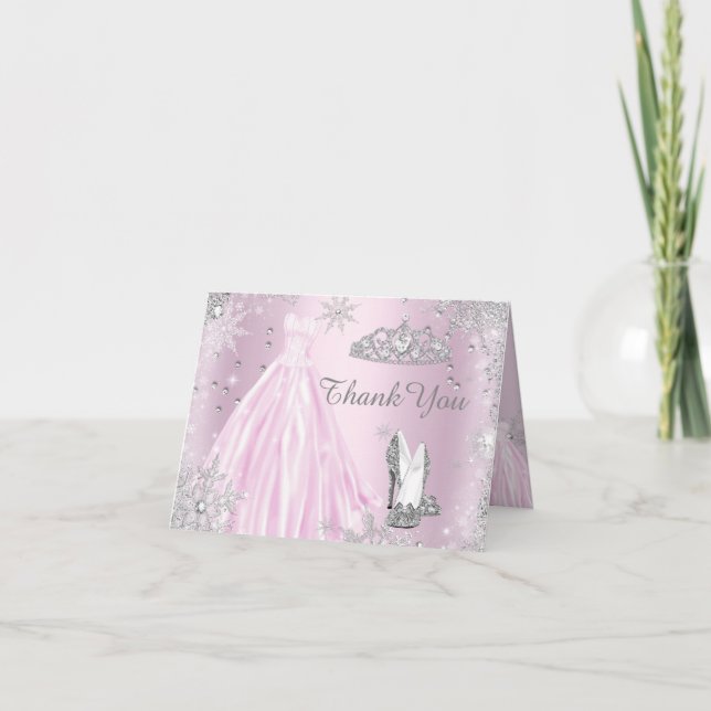 Rosa kort för tack för gnistraklänningTiara (Framsida)