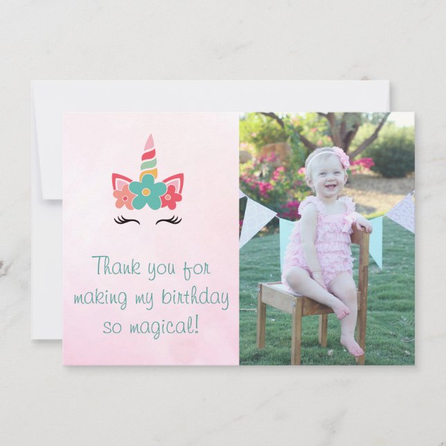 Rosa kort för tack för vattenfärgUnicornfoto (Framsida)