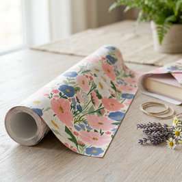 Rosa Kosmos och Blåa Vildblommor Botaniska Presentpapper
