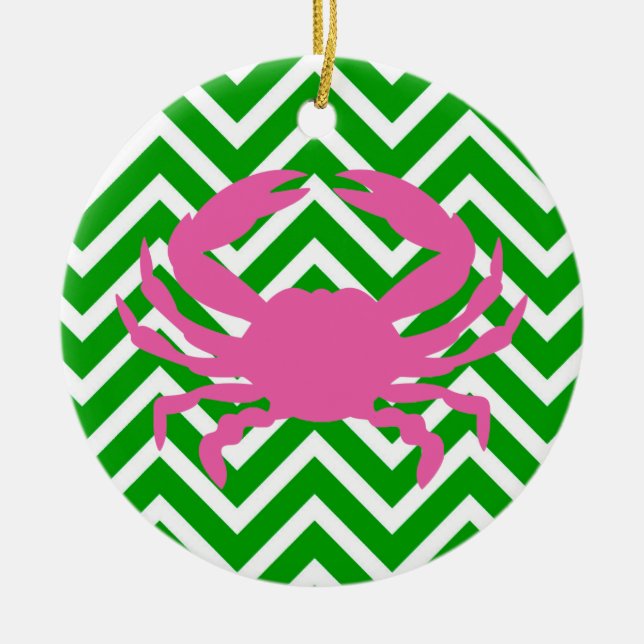 Rosa krabba och grönt chevron-monogram julgransprydnad keramik (Framsidan)
