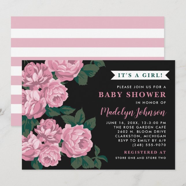 Rosa kraftig ros svart babyflick-babyshower inbjudningar (Fram/baksida)