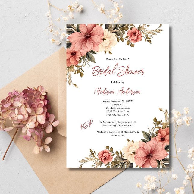 Rosa kräm vattenfärg antika blomster bröllopsdusch inbjudningar (Pink Cream Watercolor Floral Bridal Shower invitation. Vintage Antique Elegant)