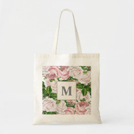 Rosa Krämfärgad Blommig Monogram Initial Tygkasse