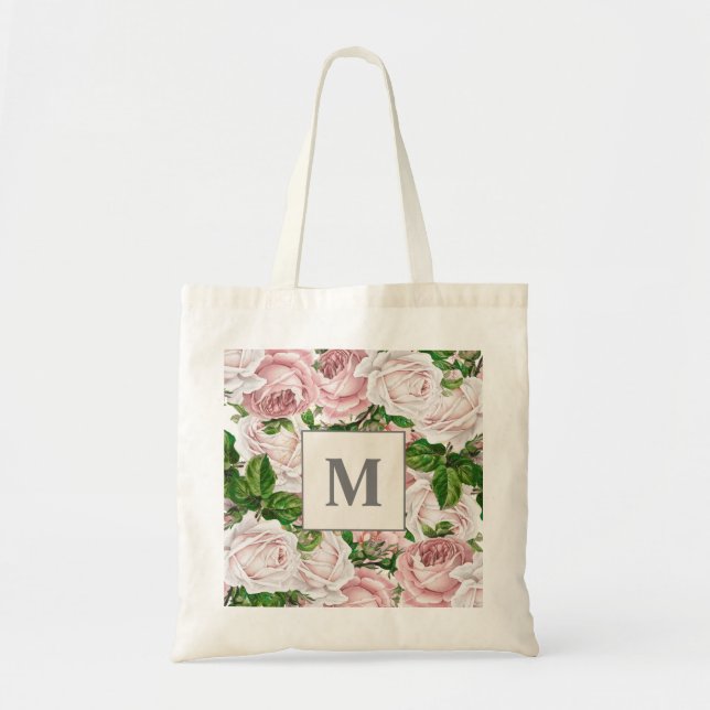 Rosa Krämfärgad Blommig Monogram Initial Tygkasse (Framsidan)