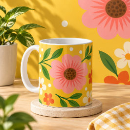 Rosa, krämfärgade & Orange Blommor med Gröna Blad Kaffemugg