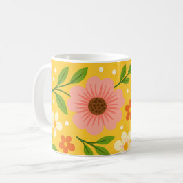 Rosa, krämfärgade & Orange Blommor med Gröna Blad Kaffemugg