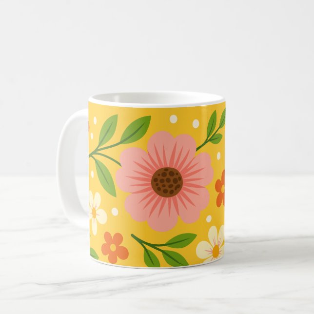 Rosa, krämfärgade & Orange Blommor med Gröna Blad Kaffemugg (Framsida vänster)