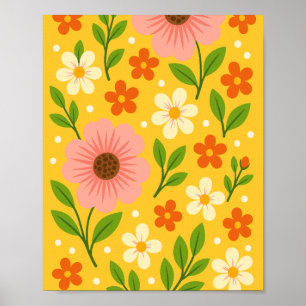 Rosa, krämfärgade & Orange Blommor med Gröna Blad Poster