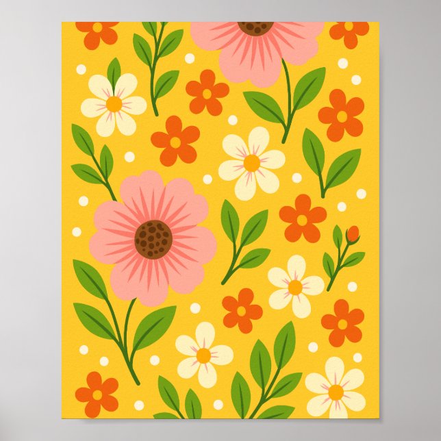 Rosa, krämfärgade & Orange Blommor med Gröna Blad Poster (Framsidan)