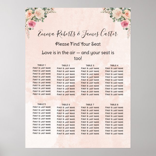 Rosa krämiga blommande bröllopsställningskartor poster (Framsidan)