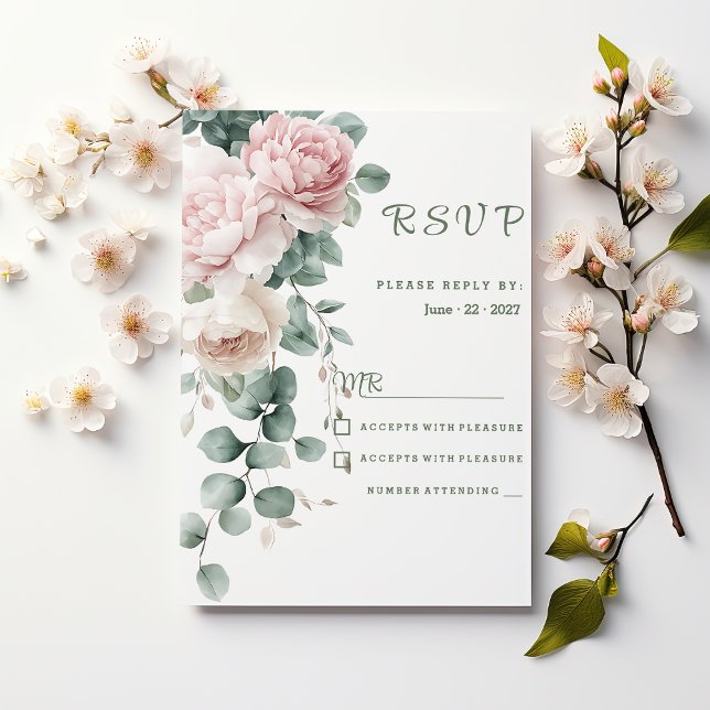 Rosa kransade pioner eukalyptusblad RSVP Inbjudningar (Pink garland peonies eucalyptus leaf RSVP)