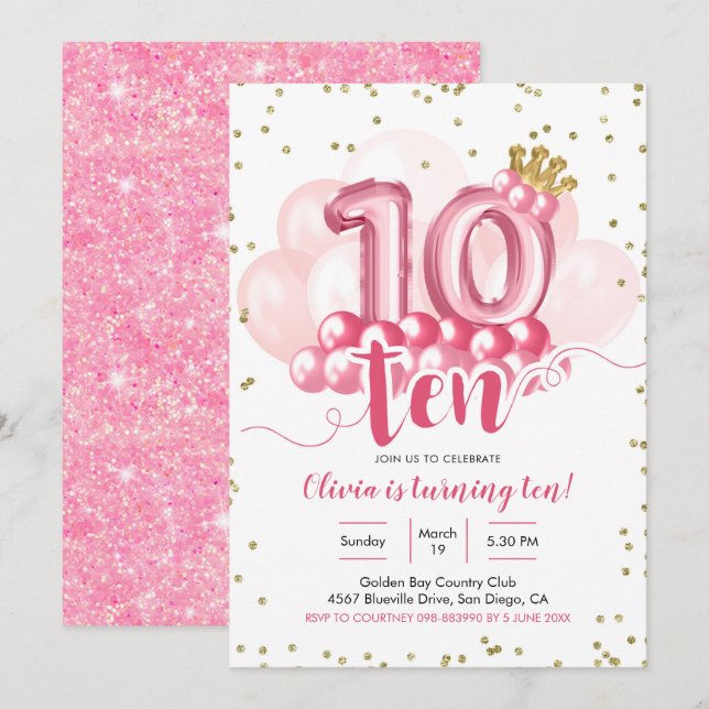 Rosa Krona Balloon 10:e födelsedagsinbjudan Inbjudningar (Fram/baksida)
