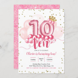 Rosa Krona Balloon 10:e födelsedagsinbjudan Inbjudningar