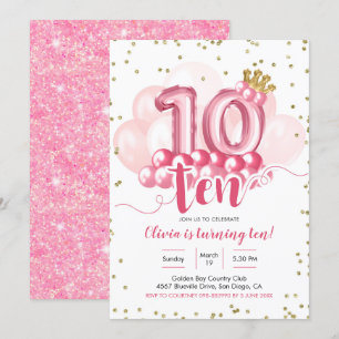 Rosa Krona Balloon 10:e födelsedagsinbjudan Inbjudningar