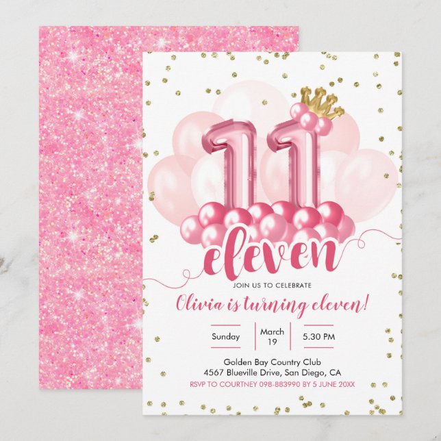 Rosa Krona Balloon Elva Birthday-inbjudan Inbjudningar (Fram/baksida)