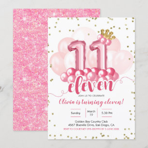 Rosa Krona Balloon Elva Birthday-inbjudan Inbjudningar