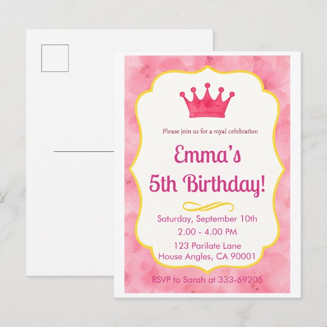Rosa Krona Birthday Inbjudan | zazzlemade Magic Vykort (Fram/baksida)