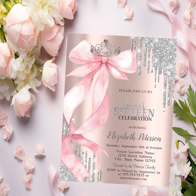Rosa krona med glitterdropar Rosa guld Sweet 16 Inbjudningar (Skapare uppladdad)