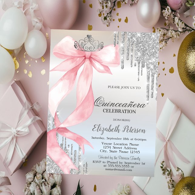 Rosa krona med glitterdropar Silver Quinceañera Inbjudningar (Skapare uppladdad)